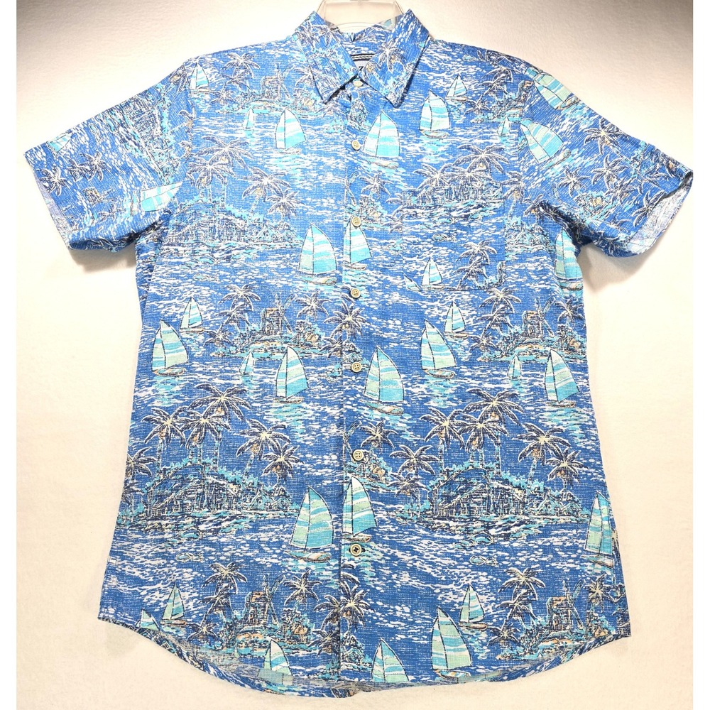IZOD Saltwater‎ Mens Blue Tropical Sailboat Palm Tree Cotton Button Down Shirt M